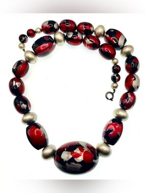 Vintage 80s Oversized Statement Necklace Black Red Silver Lucite Acrylic Beads